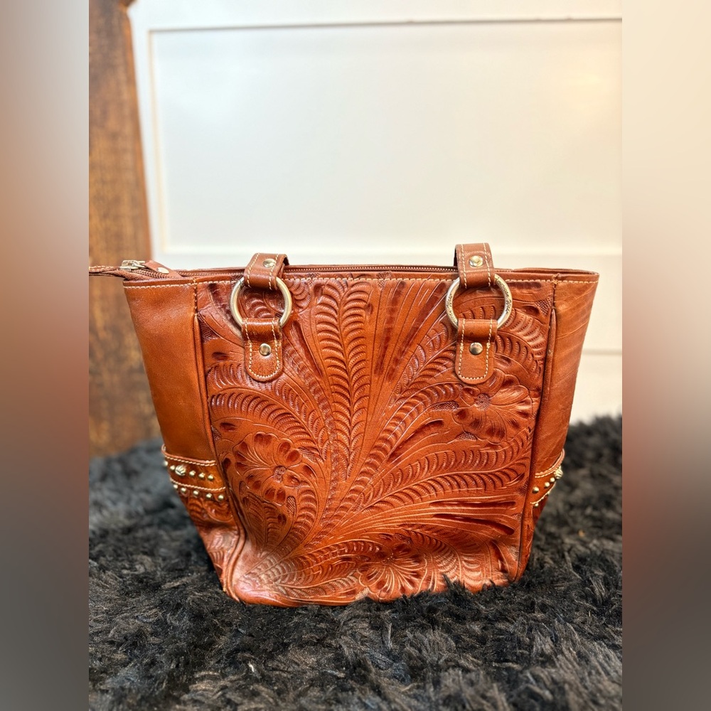 American West Brown Embossed Leather Tote – Turquoise Accents, Buckles, Grommets